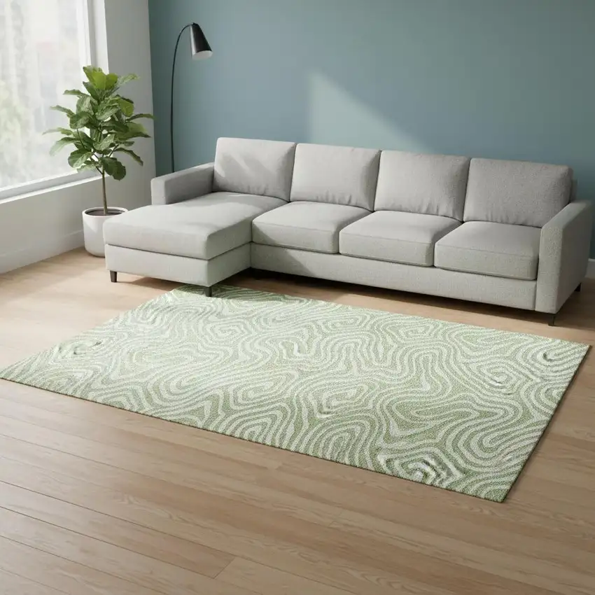 Artichoke Green And Ivory Abstract Washable Area Rug With UV Protection Photo 2