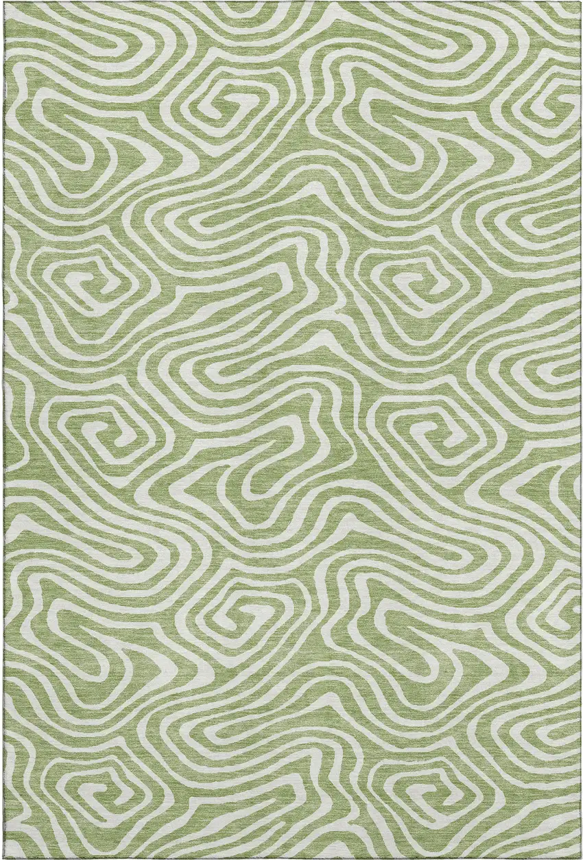 Artichoke Green And Ivory Abstract Washable Area Rug With UV Protection Photo 1