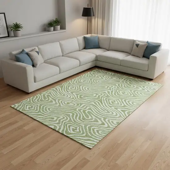 Artichoke Green And Ivory Abstract Washable Area Rug With UV Protection Photo 2