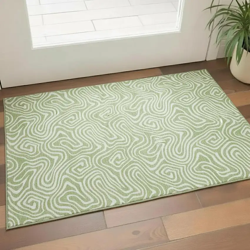 Artichoke Green And Ivory Abstract Washable Area Rug With UV Protection Photo 2