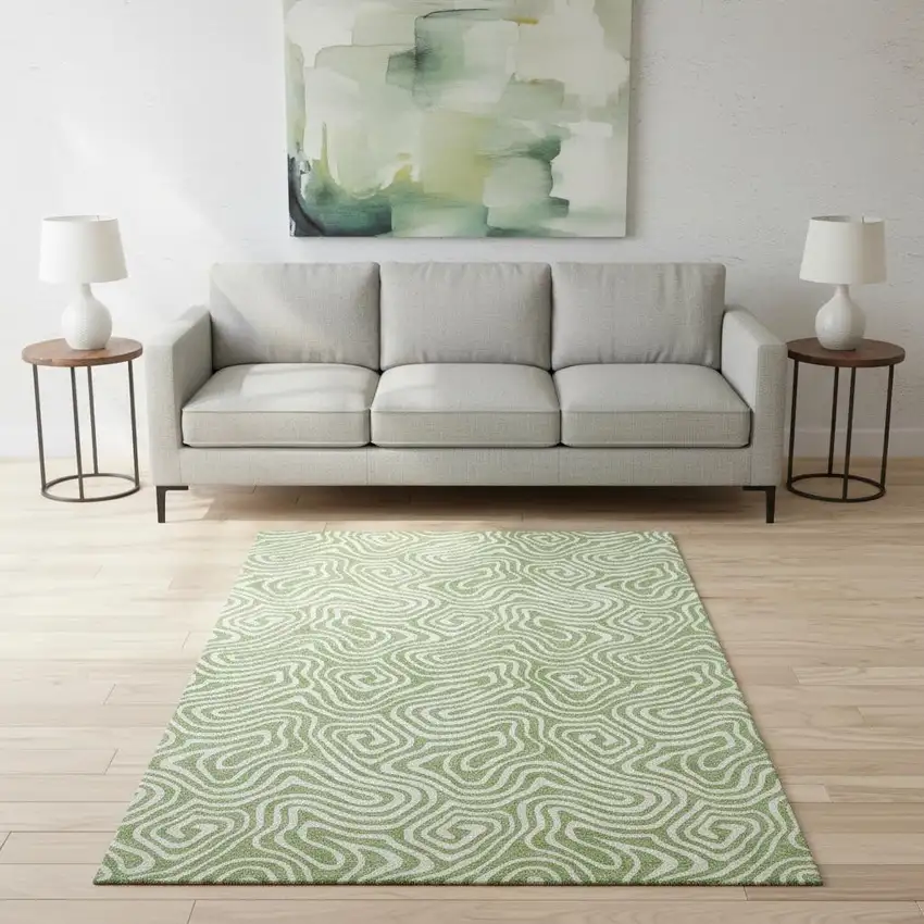 Artichoke Green And Ivory Abstract Washable Area Rug With UV Protection Photo 2