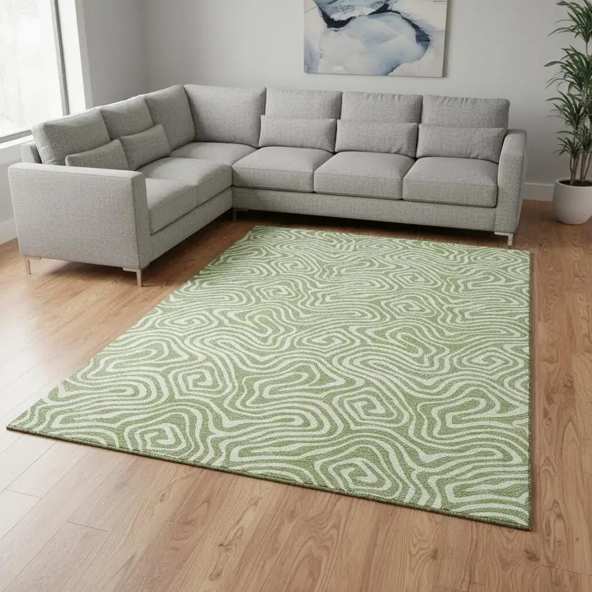 Artichoke Green And Ivory Abstract Washable Area Rug With UV Protection Photo 2