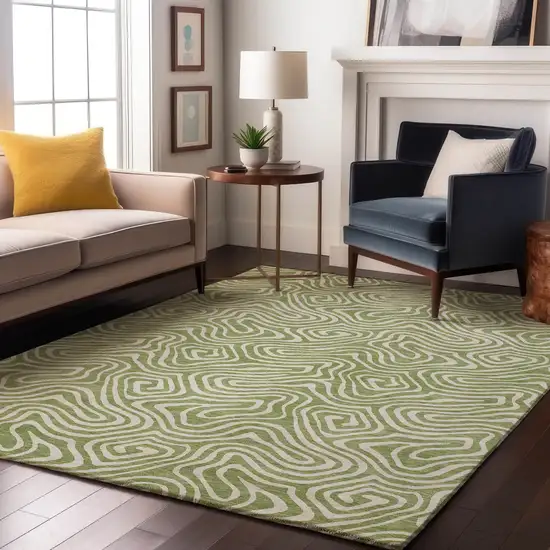 Artichoke Green And Ivory Abstract Washable Area Rug With UV Protection Photo 4