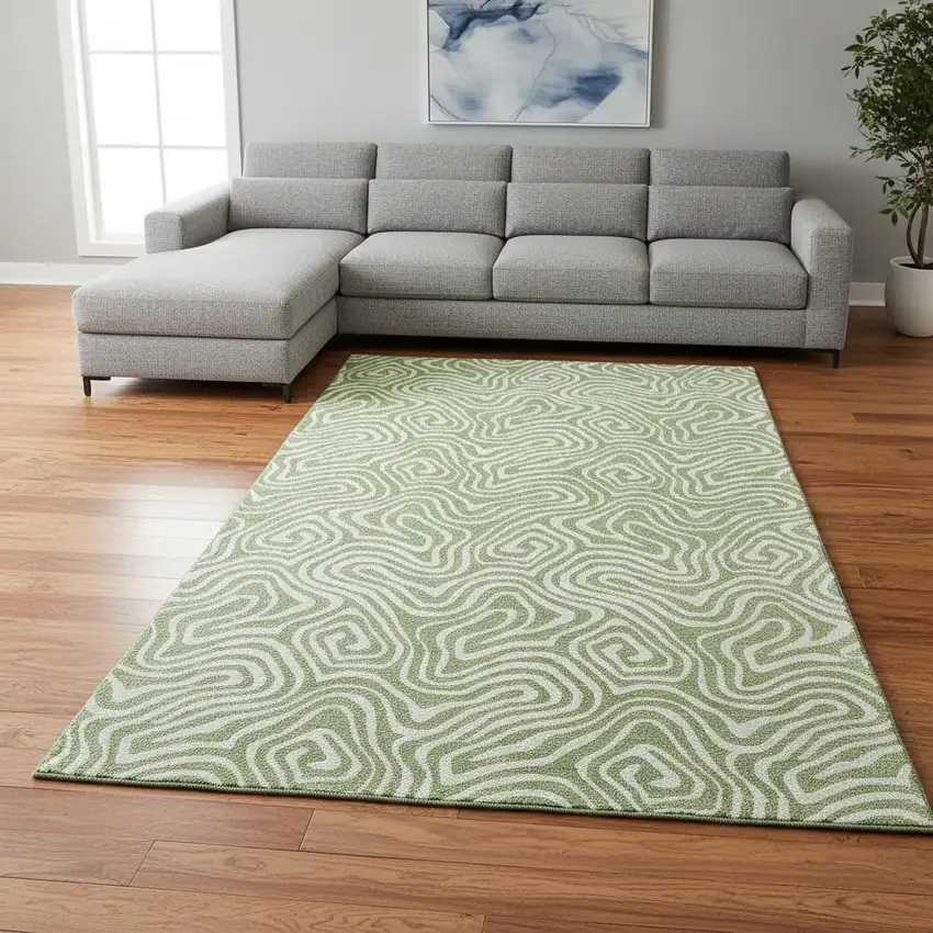 Artichoke Green And Ivory Abstract Washable Area Rug With UV Protection Photo 2