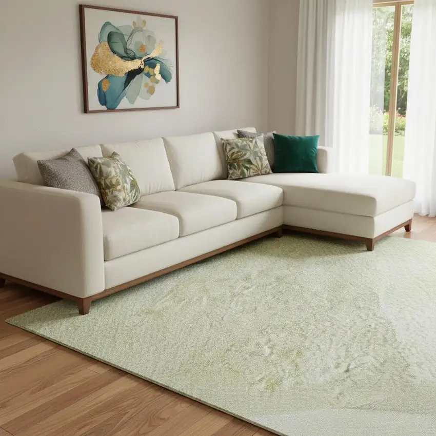 Artichoke Green And Ivory Abstract Washable Area Rug With UV Protection Photo 2