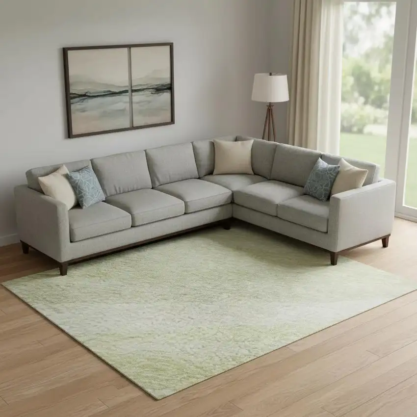 Artichoke Green And Ivory Abstract Washable Area Rug With UV Protection Photo 2