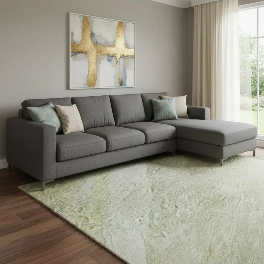 Artichoke Green And Ivory Abstract Washable Area Rug With UV Protection Photo 2