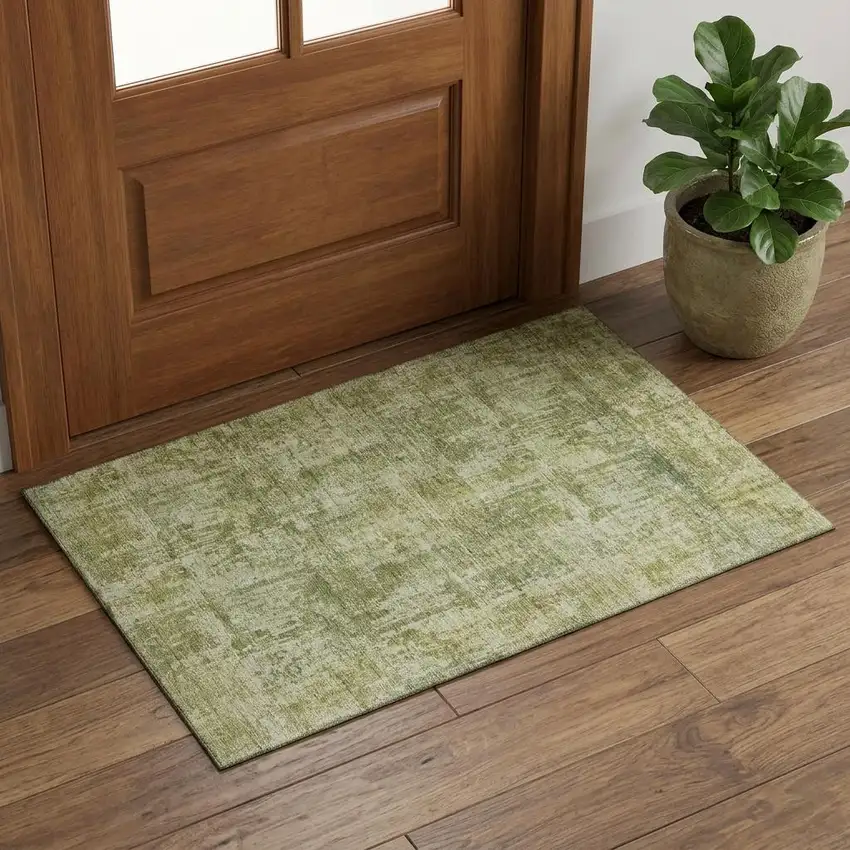 Artichoke Green And Ivory Abstract Washable Area Rug With UV Protection Photo 1
