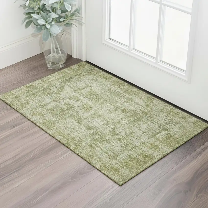 Artichoke Green And Ivory Abstract Washable Area Rug With UV Protection Photo 2