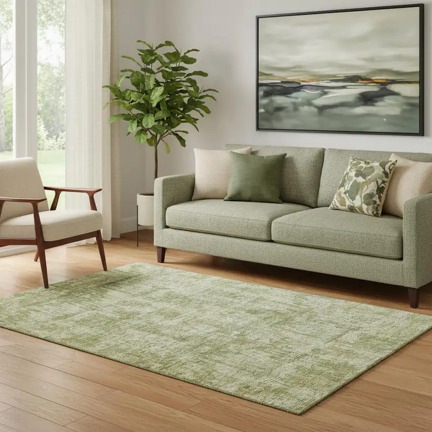 Artichoke Green And Ivory Abstract Washable Area Rug With UV Protection Photo 2