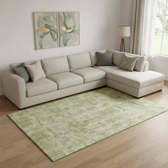 Artichoke Green And Ivory Abstract Washable Area Rug With UV Protection Photo 2