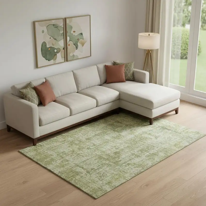 Artichoke Green And Ivory Abstract Washable Area Rug With UV Protection Photo 2