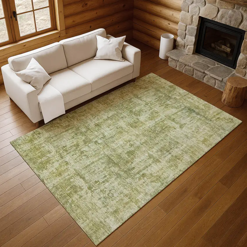 Artichoke Green And Ivory Abstract Washable Area Rug With UV Protection Photo 4