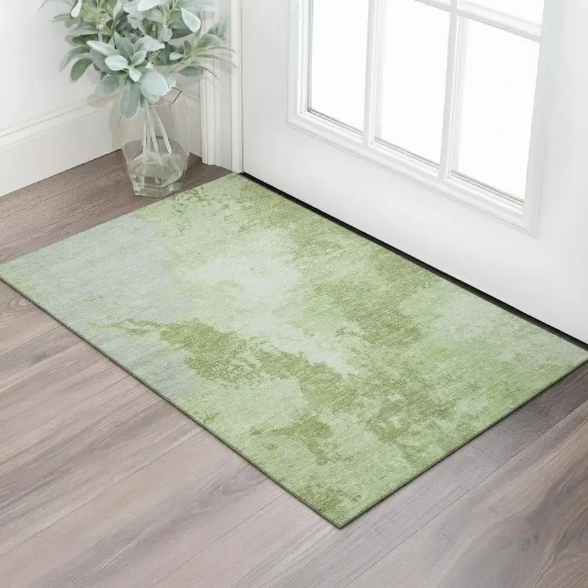 Artichoke Green And Ivory Abstract Washable Area Rug With UV Protection Photo 2