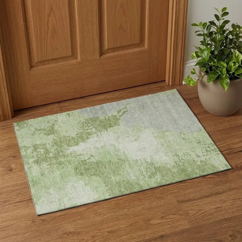 Artichoke Green And Ivory Abstract Washable Area Rug With UV Protection Photo 1