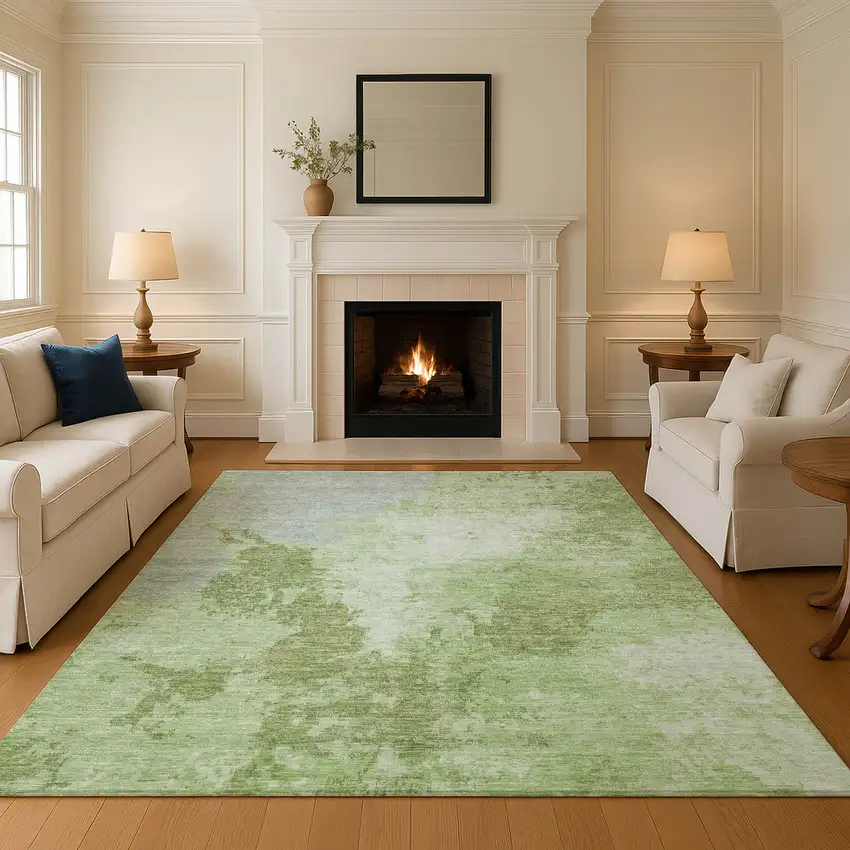 Artichoke Green And Ivory Abstract Washable Area Rug With UV Protection Photo 4