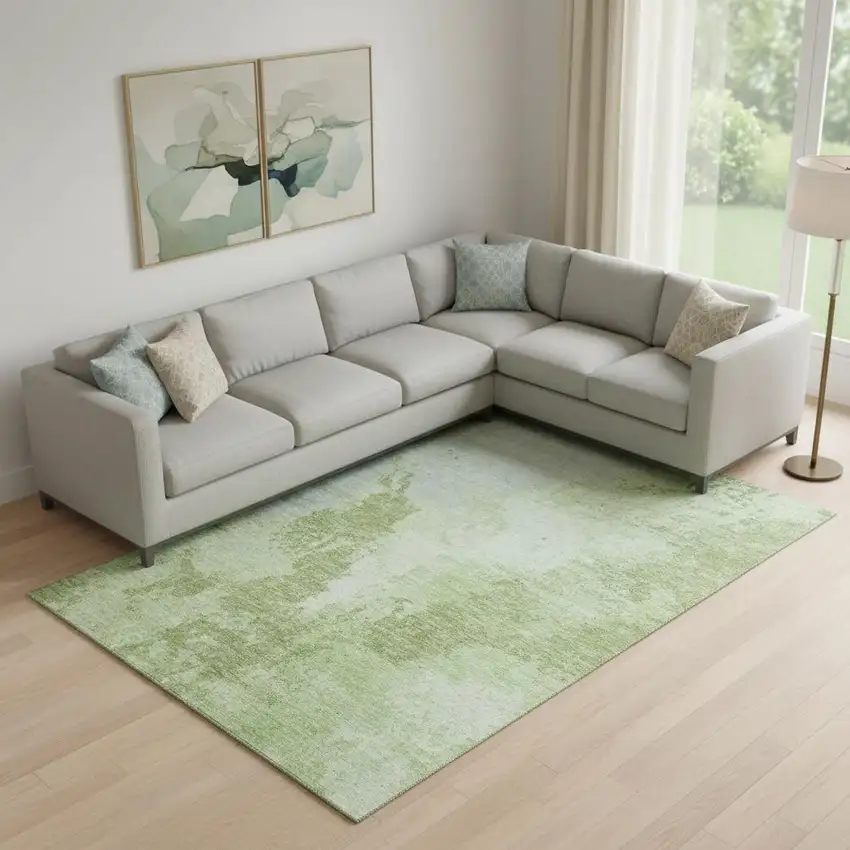 Artichoke Green And Ivory Abstract Washable Area Rug With UV Protection Photo 2