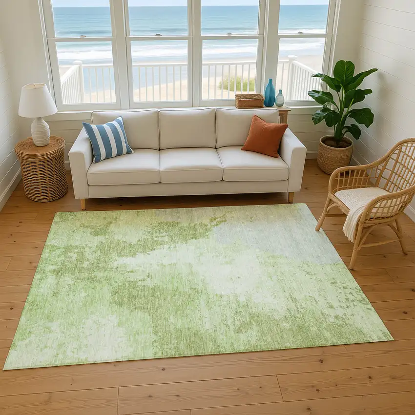 Artichoke Green And Ivory Abstract Washable Area Rug With UV Protection Photo 5