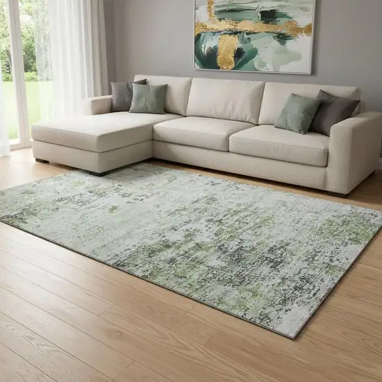 Artichoke Green And Ivory Abstract Washable Area Rug With UV Protection Photo 2