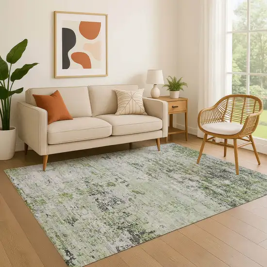 Artichoke Green And Ivory Abstract Washable Area Rug With UV Protection Photo 4