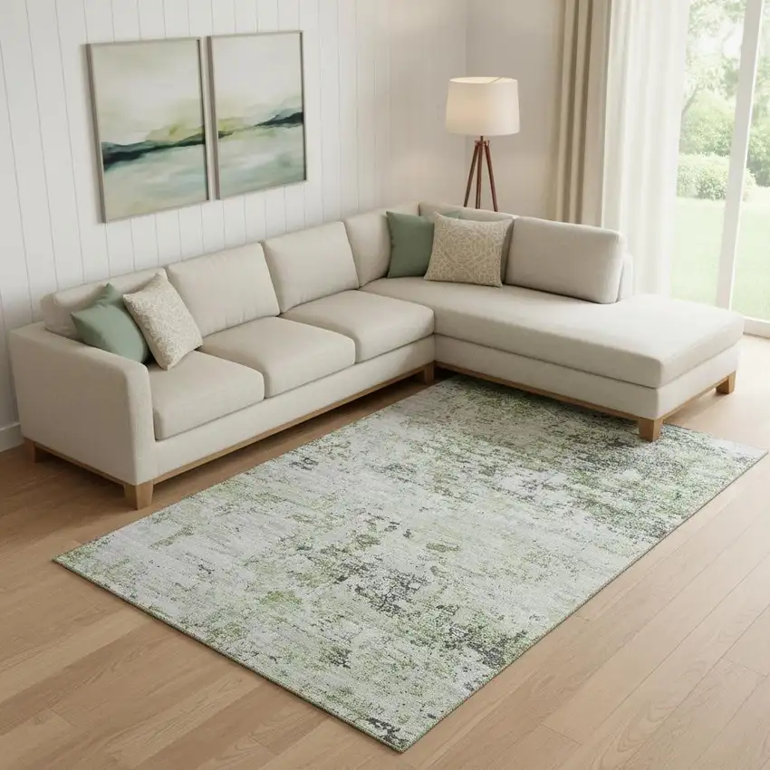 Artichoke Green And Ivory Abstract Washable Area Rug With UV Protection Photo 2