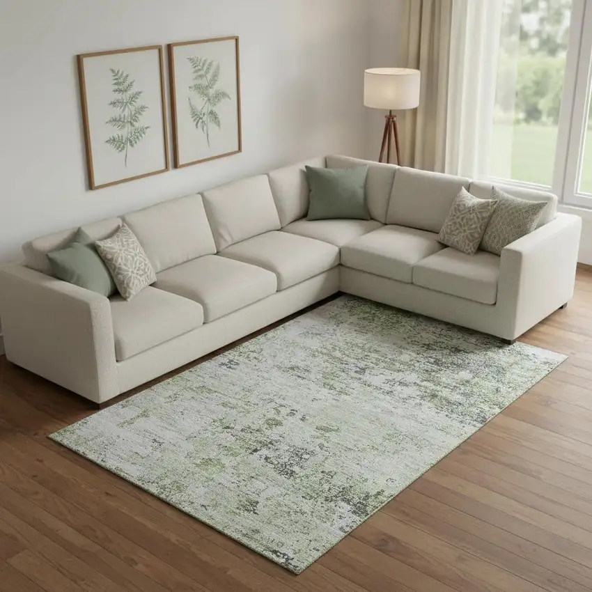 Artichoke Green And Ivory Abstract Washable Area Rug With UV Protection Photo 2