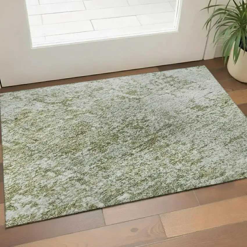 Artichoke Green And Ivory Abstract Washable Area Rug With UV Protection Photo 2