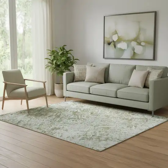 Artichoke Green And Ivory Abstract Washable Area Rug With UV Protection Photo 2