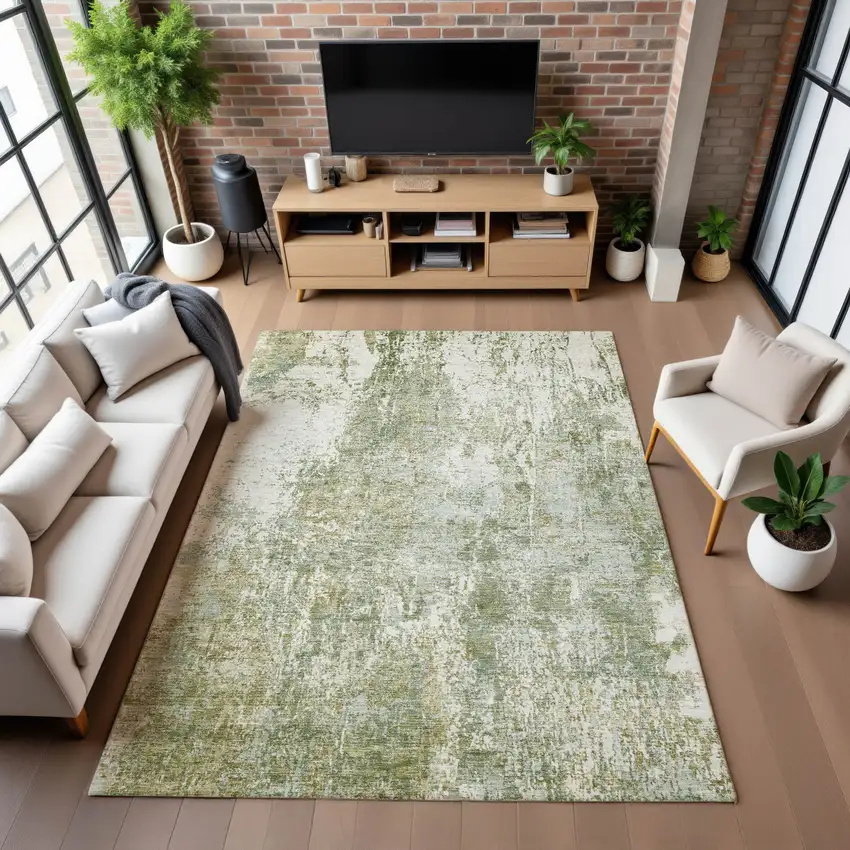 Artichoke Green And Ivory Abstract Washable Area Rug With UV Protection Photo 3