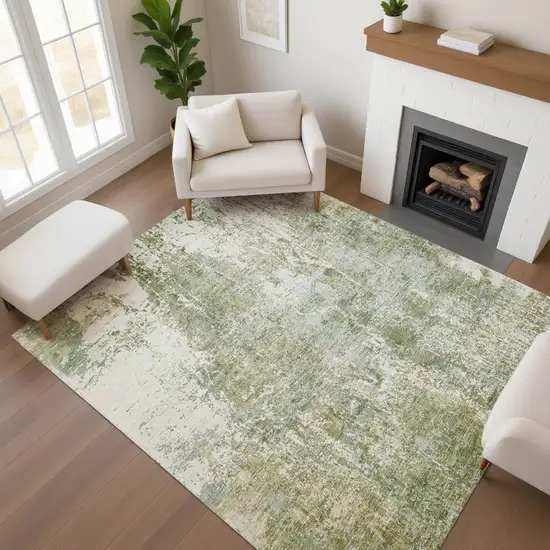 Artichoke Green And Ivory Abstract Washable Area Rug With UV Protection Photo 2