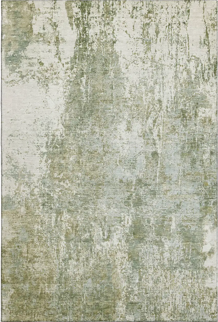 Artichoke Green And Ivory Abstract Washable Area Rug With UV Protection Photo 5