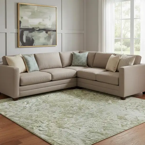 Artichoke Green And Ivory Abstract Washable Area Rug With UV Protection Photo 2