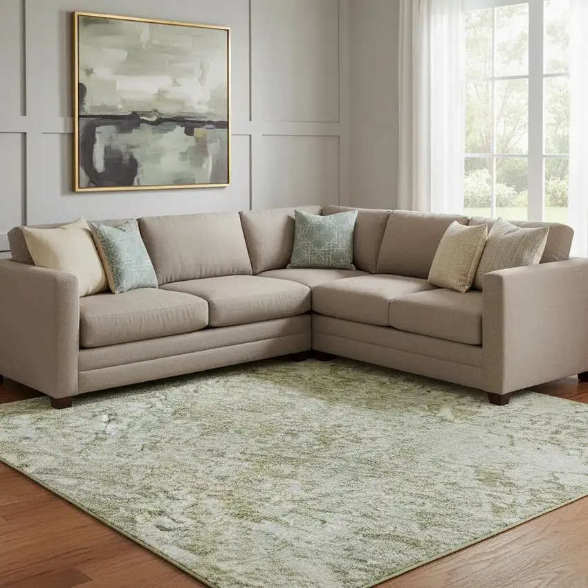 Artichoke Green And Ivory Abstract Washable Area Rug With UV Protection Photo 2