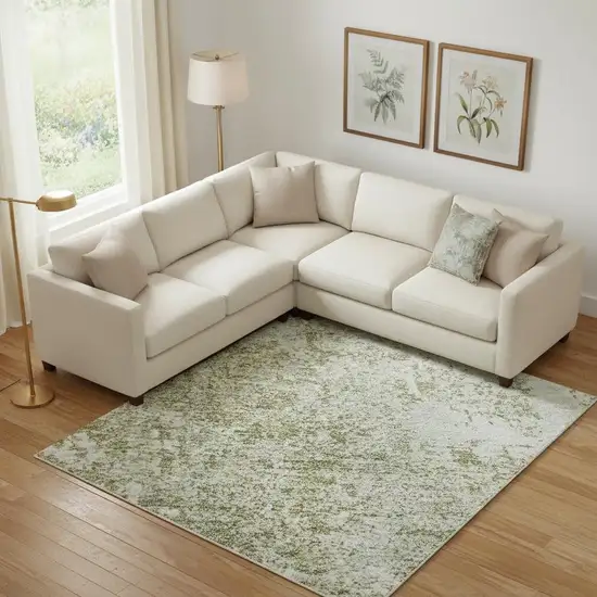 Artichoke Green And Ivory Abstract Washable Area Rug With UV Protection Photo 2