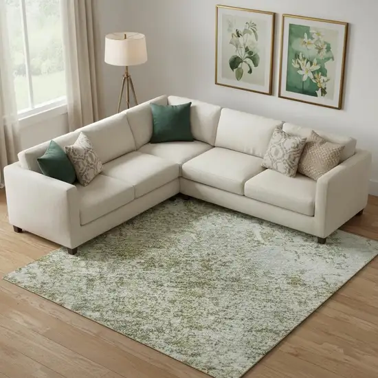 Artichoke Green And Ivory Abstract Washable Area Rug With UV Protection Photo 2