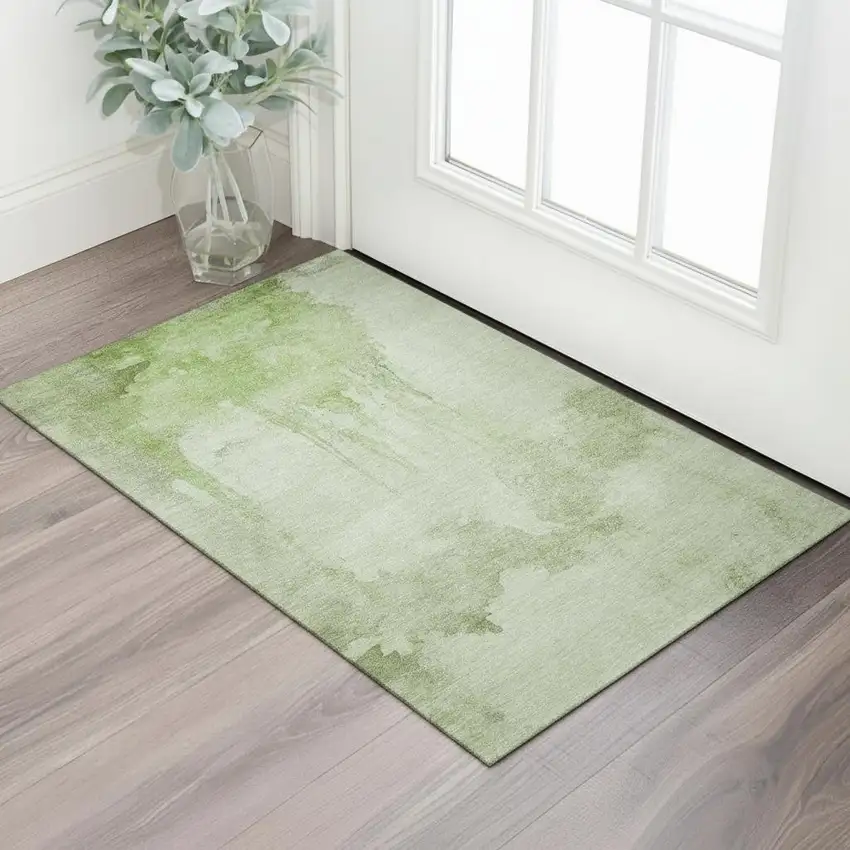 Artichoke Green And Ivory Abstract Washable Area Rug With UV Protection Photo 2