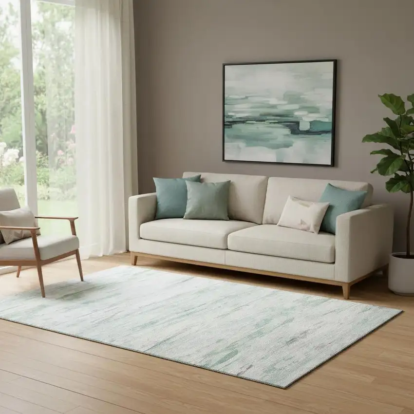 Artichoke Green And Ivory Abstract Washable Area Rug With UV Protection Photo 2