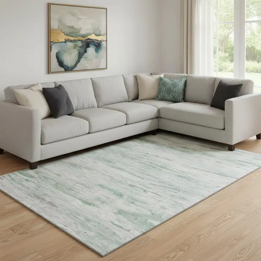 Artichoke Green And Ivory Abstract Washable Area Rug With UV Protection Photo 2