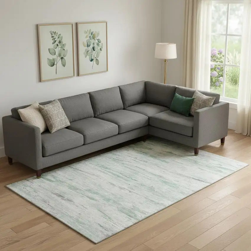 Artichoke Green And Ivory Abstract Washable Area Rug With UV Protection Photo 2