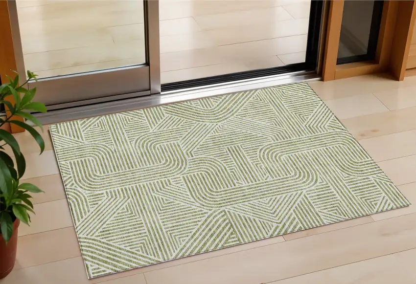 Artichoke Green And Ivory Abstract Washable Indoor Outdoor Area Rug Photo 1