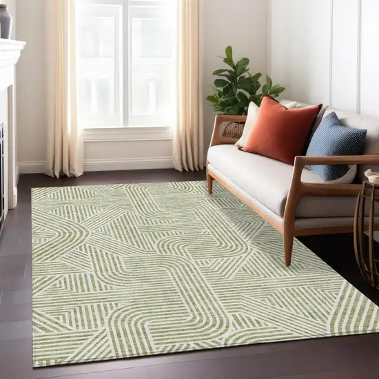 Artichoke Green And Ivory Abstract Washable Indoor Outdoor Area Rug Photo 9