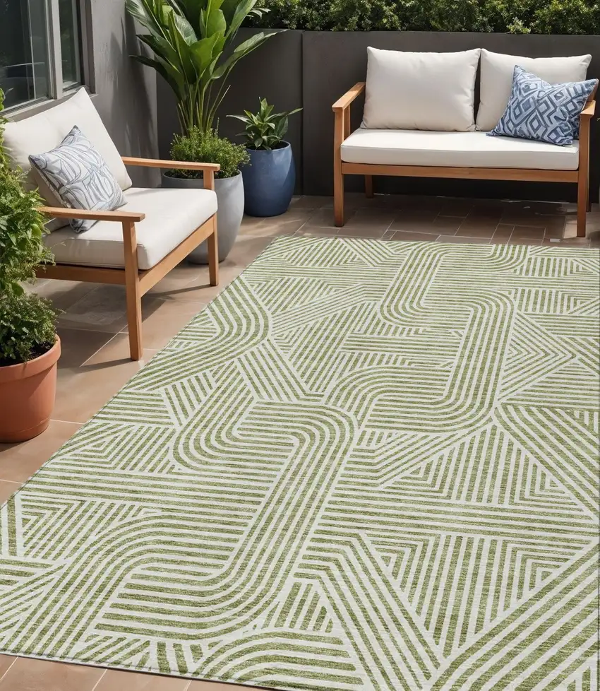 Artichoke Green And Ivory Abstract Washable Indoor Outdoor Area Rug Photo 1