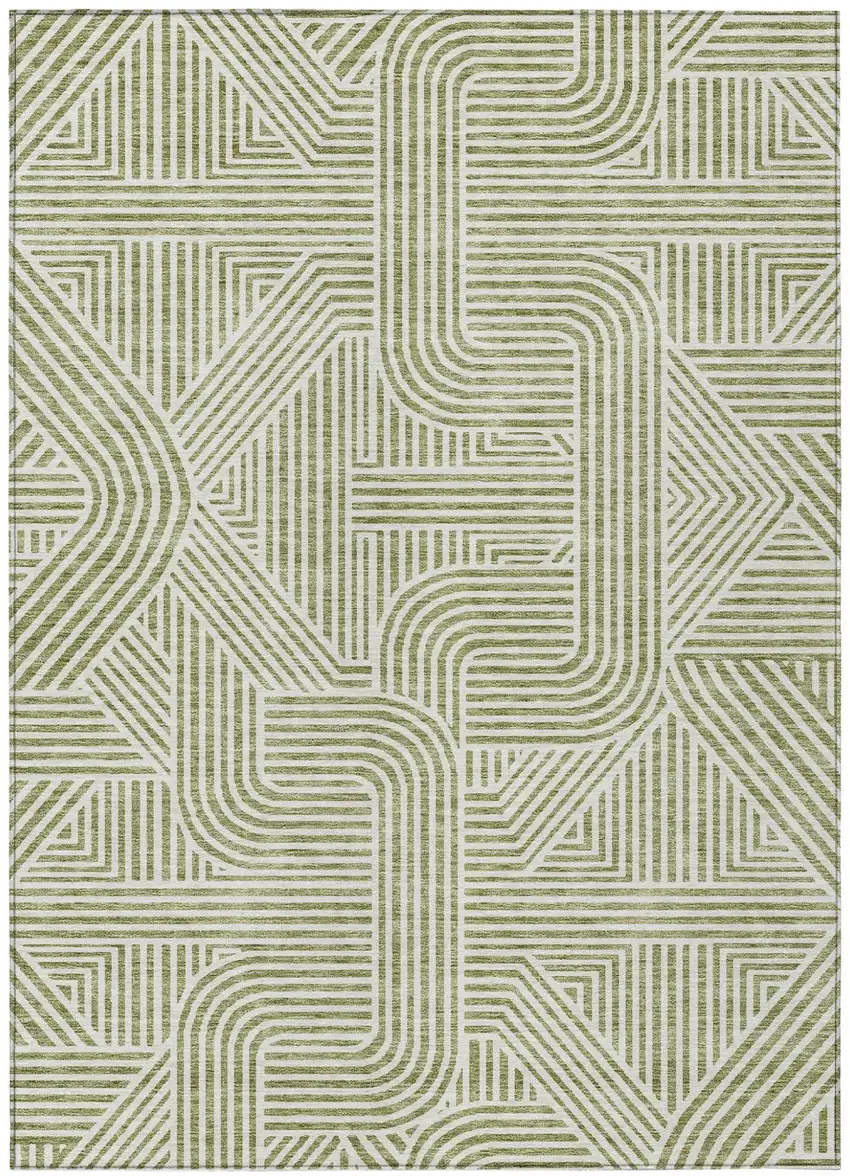Artichoke Green And Ivory Abstract Washable Indoor Outdoor Area Rug Photo 2