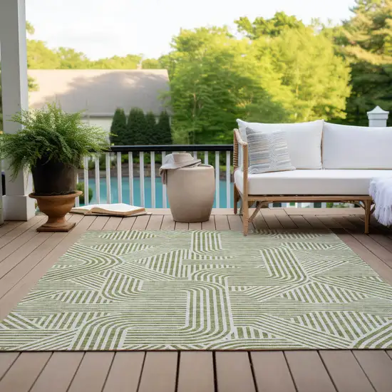 Artichoke Green And Ivory Abstract Washable Indoor Outdoor Area Rug Photo 9