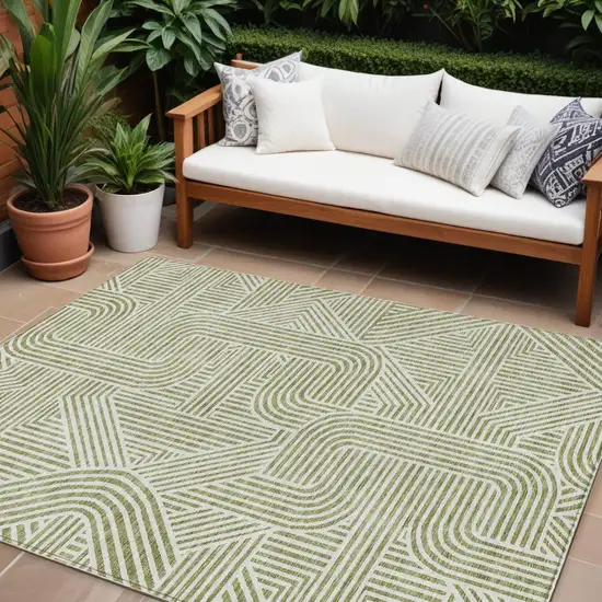 Artichoke Green And Ivory Abstract Washable Indoor Outdoor Area Rug Photo 1