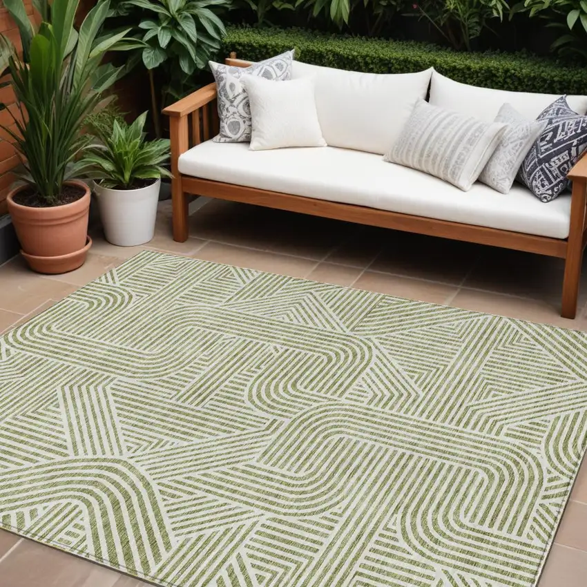 Artichoke Green And Ivory Abstract Washable Indoor Outdoor Area Rug Photo 1