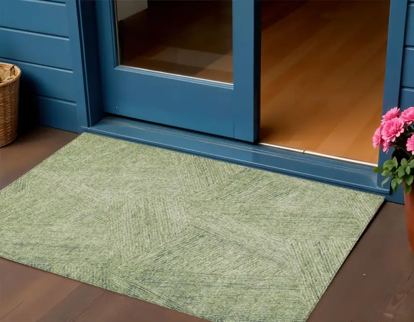 Artichoke Green And Ivory Abstract Washable Indoor Outdoor Area Rug Photo 1