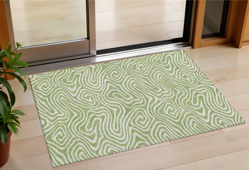 Artichoke Green And Ivory Abstract Washable Indoor Outdoor Area Rug Photo 1
