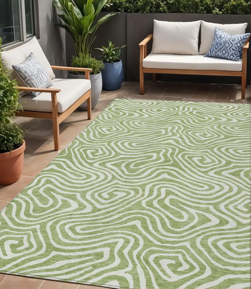 Artichoke Green And Ivory Abstract Washable Indoor Outdoor Area Rug Photo 1