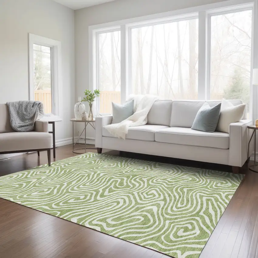 Artichoke Green And Ivory Abstract Washable Indoor Outdoor Area Rug Photo 9